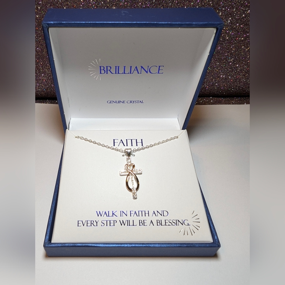 Brilliance Swarovski fine silver plated & Rose gold cross faith necklace